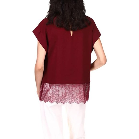 MICHAEL Michael Kors Lace Combo Short Sleeve Top - Dark Ruby - Size Large - Picture 3 of 3